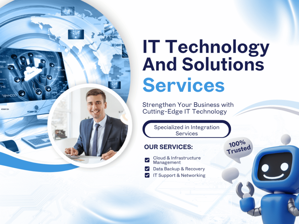 blue and white modern it technology and solutions services poster